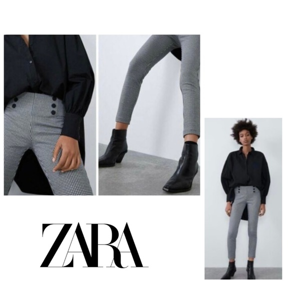 NWT Zara Black/White Check Crop Side Zip Leggings with Black Buttons Size S - Picture 2 of 16
